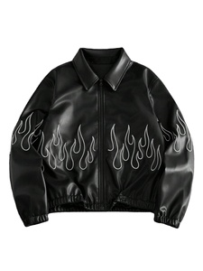 Veste en cuir streetwear personnalisée pour homme, avec motif flamme brodé, vestes en cuir OEM, grandes tailles, vestes en cuir tendance hip-hop - Product Image 6