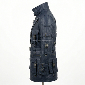Men Navy Long Leather <b>Jacket</b> Cyberpunk Streetwear <b>Punk</b> Rock Coat Baddie Utility Multi Pocket Outwear Men Outerwear Windproof - Product Image 5