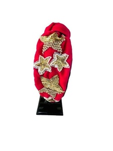 PINKWEAVE PWHB-308 Export Quality Sequin Star Turban <b>Headband</b> Women Girls Red Gold Knot Comfortable Soft Fashion Holiday Styling - Product Image 1