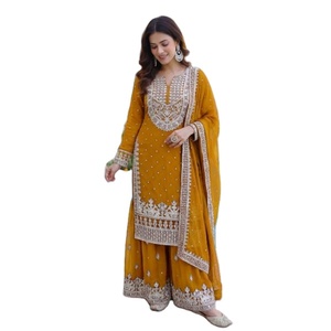 ผ้าฟ็อกซ์จอร์เจตต์ดีไซน์ใหม่คุณภาพเยี่ยม แขนเสื้อแบบทำงาน 20 นิ้ว ผ้าปาลาซโซ่ ฟ็อกซ์จอร์เจตต์ งานปักเลื่อม - Product Image 1