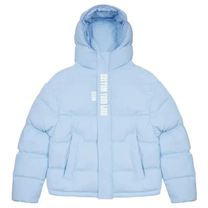 <b>Light</b> Blue Canvas Stand Collar <b>Puffer</b> <b>Jacket</b> Winter Casual Zipper Front Windproof Polyester Shell Regular Fit Unisex - Product Image 1