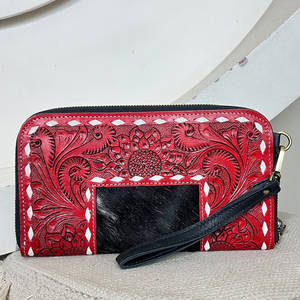 Women Fashionable Hand Tooled <b>Red</b> Floral Leather Zipper <b>Clutch</b> Stylish Cowhide Leather RFID Blocking Slim Wristlet Wallets - Product Image 2