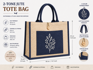 Sac fourre-tout en jute laminé bicolore avec deux poignées, poche avant, fermeture à bouton, écologique, réutilisable, pour les courses, les courses alimentaires, la plage - Product Image 6
