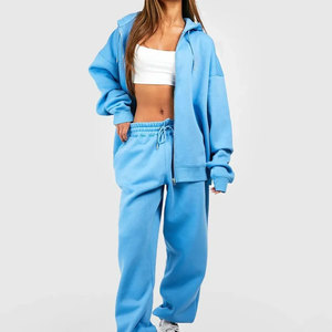 Ensemble de survêtement bleu pour femme, sweat-shirt à capuche à manches longues avec fermeture éclair, pantalon de jogging à taille élastique, style décontracté printemps, couleur unie - Product Image 1