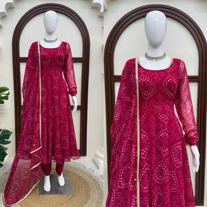Women's <b>Red</b> Chiffon Anarkali Suit Set Square Collar Full Sleeve Printed Dot Pattern Sequined Embroidery Long Length Elegant - Product Image 4