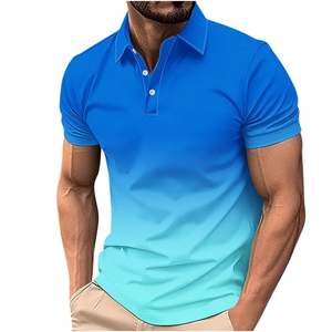 Chemise de golf décontractée pour homme, à manches courtes, en jersey polyester/coton, imprimée à pois bleus par transfert thermique, boutonnée, tricotée, respirante, coupe classique - Product Image 3