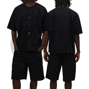 Conjunto de camiseta y pantalones cortos de mezclilla para hombre, estilo vintage, informal, de dos piezas, estilo streetwear de verano, cuello redondo, color sólido - Product Image 6