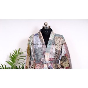 Kimono en soie Kantha fait main indien, vestes vintage pour femme, robe patchwork, robe de nuit maxi, robes en coton, kimono - Product Image 5