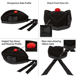 Gorro Escocés Glengarry Negro con Borla Roja y Cinta Decorativa, Gorro Highland para Traje de Kilt - Product Image 2