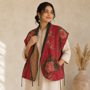 Chaleco Acolchado Reversible de Algodón con Estampado Floral BOHOBI para Mujer, Chaleco sin Mangas con Estampado Vintage, Chaleco Acolchado Étnico Boho - Product Image 3