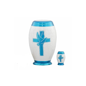 <b>Light</b> Blue Aluminum Cremation Urn Set Silver <b>Leaf</b> Bands Handmade Eco-Friendly Large Capacity Decorative Memorial Urns for Ashes - Product Image 5