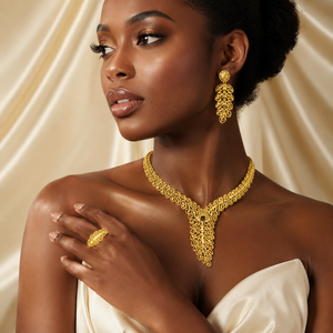 New Trend Fashionable Leaf Design Gold Plated Jewelry Set for Women Nigerian Bridal Necklace Earrings Ring Set Fashion - Product Image 3