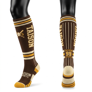 Women Baseball <b>Socks</b> Premium 200 GSM Breathable Cotton Polyester Blend Purple Yellow Striped Knit Panels Custom Logo Jacquard - Product Image 3