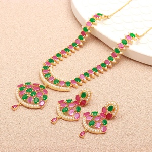 Emerald Green Ruby Pearl Necklace Set 22K Gold Plated Brass Wedding Jewelry For Women Anniversary Gift - Product Image 3