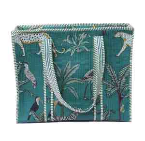 Quilted Cotton Tote <b>Bag</b> Printed Animal and Palm <b>Tree</b> Pattern Zipper Shoulder Handbag for Travel Shopping Beach. - Product Image 1