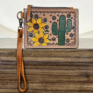 Porte-cartes unisexe en cuir de vachette véritable, nouveau design, motif tournesol et cactus, mini pochette zippée style bohème - Product Image 2