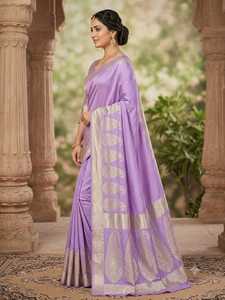 <b>Purple</b> BANARASI KATAN Silk <b>Saree</b> With Gold Paisley Border Traditional Indian Wedding Wear For Women Floor-Length Regular Fit - Product Image 5