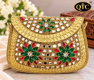 Bolso de mano pequeño con diseño Kundan, cierre de solapa, cuentas y correa de cadena, estilo étnico, para bodas y fiestas de verano, para mujer. - Product Image 4
