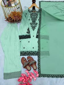 Conjunto de Kurta y Kurti de Rayón Estampado Chikankari para Mujer, con Dupatta y Pantalones Palazzo, Cuello Redondo, Manga Tres Cuartos, Protección Solar, Secado Rápido - Product Image 6