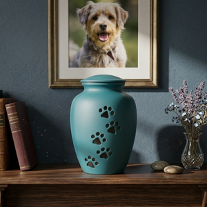Urne funéraire pour animaux de compagnie, style européen et américain, bleu sarcelle avec empreinte de patte noire, design personnalisable - Product Image 3