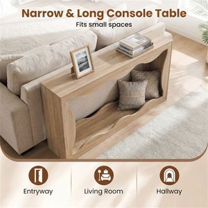 Consolle stretta naturale da 63 pollici con design ondulato e cavo, tavolo da ingresso extra lungo a 2 livelli con ripiano portaoggetti - Product Image 6