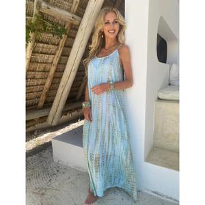 ชุดเดรสยาวสีฟ้าอ่อนลายมัดย้อมสำหรับผู้หญิง สายเดี่ยวแบบสปาเก็ตตี้ สไตล์โบฮีเมียนสำหรับใส่ไปเที่ยวทะเลหรือรีสอร์ทช่วงฤดูร้อน - Product Image 1