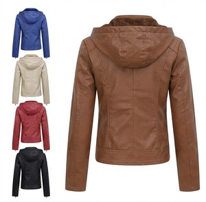 Custom Logo Women PU Leather Hooded Motorcycle <b>Jacket</b> Windproof Full Sleeve Zipper Front Embossed Solid Color Autumn Wear - Product Image 2