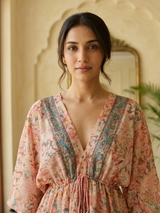 Peach Floral Printed <b>Short</b> <b>Kaftan</b> Dress V Neck Kimono Sleeve Drawstring Waist Tassel Bohemian Dubai Modest best summer wear - Product Image 6