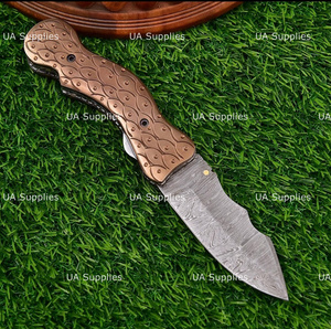 UA Supplies DIY Customized <b>Copper</b> Handle Hand Engraved Damascus Steel Hunting Outdoor Pocket Folding Knife Thumb <b>Knob</b> Liner Lock - Product Image 3