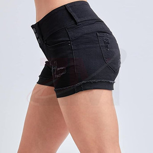 Shorts de Mezclilla Desgastados de Cintura Alta para Mujer, Corte Ajustado, Color Negro Sólido, Shorts Casuales de Verano con Detalles de Agujeros y Logotipo Personalizado - Product Image 2