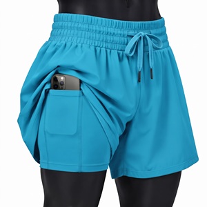 Short de course 2-en-1 bleu turquoise avec poche pour téléphone, taille élastiquée à cordon, pour le sport, la gym, le fitness et l'entraînement, en tissu technique - Product Image 1