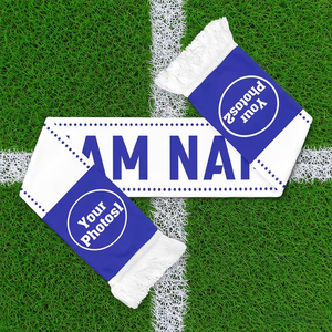 Écharpe longue personnalisée avec emplacements pour nom et photo pour les fans de sport, design blanc et bleu, matière polyester légère - Product Image 6