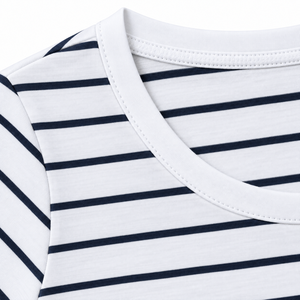 T-shirt rayé pour femme, blanc et bleu marine, col rond, manches courtes, en coton, coupe ajustée, 100 % coton tricoté, respirant - Product Image 3