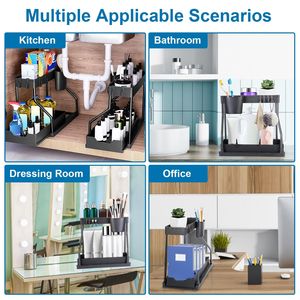 Set di 2 Organizzatori a L a 2 Livelli per Sotto Lavello con 8 Ganci Rimovibili e 2 Portabicchieri Sospesi con Ripiani Scorrevoli - Product Image 6