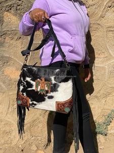 Handmade Women's Cowhide Leather Tote Bag Natural Cow Suede Fringes Crossbody Style Tooled Patch Nylon Lining Zipper OEM Logo - Product Image 3