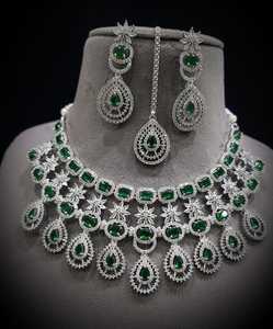 Indian <b>Women</b> Silver Plated Anti-Tarnish Necklace <b>Set</b> Matching Earring Maang Tika AD Jewellery Wedding Party Engagement <b>Gift</b> - Product Image 4