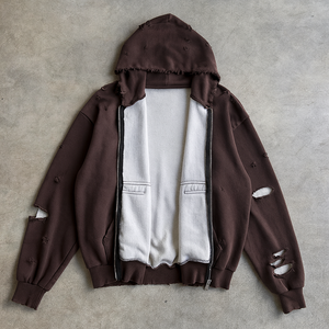 Custom Oversized Distressed Ripped Hoodies Heavyweight Cotton Boxy <b>Sun</b> Faded Acid Wash Men Zip up Hoodie - Product Image 2