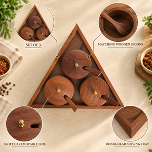 Juego de 3 recipientes para encurtidos con tapas y cucharas |   Bandeja Triangular de Madera para Servir Encurtidos, Chutneys, Condimentos y Uso en la Mesa de Comedor - Product Image 4