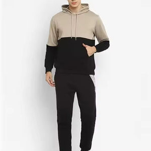 Trendy <b>Mens</b> Hoodie Colorblock Beige Black Fleece <b>Pullover</b> Drawstring Hood Long Sleeve Jogger Set Casual Sportswear Streetwear - Product Image 6