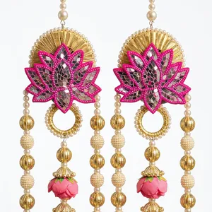Handmade Eco-Friendly Plastic <b>Pink</b> Lotus Beaded Hanging <b>Decor</b> Pearl Strings Gold Accents Reusable Door Wall Pooja Decoration - Product Image 3