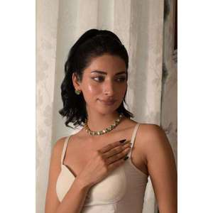 Traditional Indian Bridal Choker Necklace <b>Set</b> With Green <b>Crystal</b> Stones Crafted In Brass And Copper Alloy - Product Image 1
