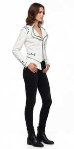 Veste de motard en simili cuir blanc pour femme, fermeture éclair, col rabattable, rivets cloutés, manteau en PU - Product Image 5