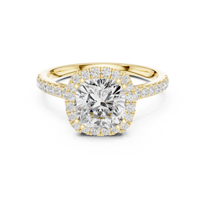 Anillo de Diamante Cultivado en Laboratorio con Corte Cojín y Halo Único, Fabricado en Oro Amarillo Sólido de 14k, Banda con Pavé Lateral, Certificado GRA, Joyería para Mujer - Product Image 1