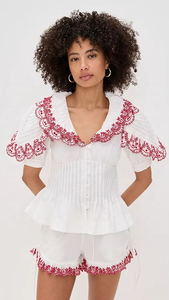 เสื้อครอปสั้นลำลองผ้าชีฟองปักลายดีไซน์เนอร์ล่าสุด ผ้าฝ้ายแท้ แต่งเชือกเก๋ไก๋ ลายปักเรียบหรู 2 ชิ้น - Product Image 5