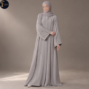 Vestido Abaya Texturizado con Pliegues para Mujer, con Puños Bordados Florales, Tela Fluida, Túnica Islámica Modesta |   Atuendo Musulmán Refinado - Product Image 1