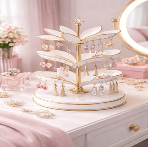 <b>Large</b> capacity rotating earring holder and necklace display stand with wooden base <b>tray</b>, available at wholesale prices. - Product Image 6