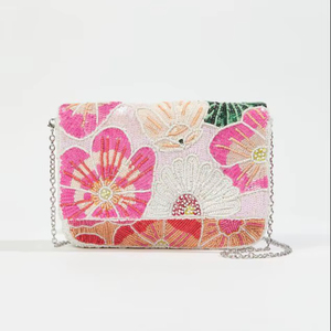 White Pink Floral Beaded Clutch Bag Embroidery Evening Purse <b>Chain</b> <b>Strap</b> Shoulder <b>Handbag</b> Women Party Wedding Glass Bead Wallet - Product Image 1