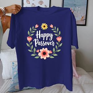 Happy Pessah avec couronne florale Tshirt femme en pur coton coupe confortable - Product Image 2