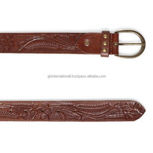 New Arrival Floral Leaf Embossed Western Leather Tooling <b>Belt</b> for men and women with heavy duty antique brass buckle - Product Image 5