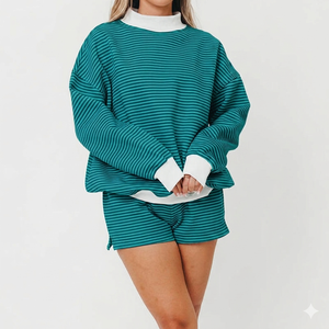 <b>Women</b> Teal Striped Knitted <b>2</b> <b>Piece</b> Shorts Set Turtleneck Long Sleeve Loose Fit Casual Spring Summer <b>Outfit</b> - Product Image 1